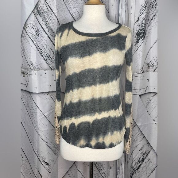 Vintage Havana Striped Top Tan Gray Lace Trim M - Picture 1 of 4